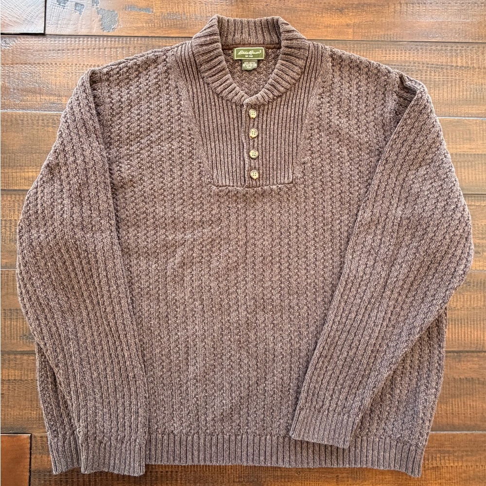 Eddie Bauer Men's Brown Ribbed Button-Neck Sweater